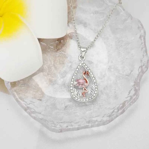 Pink Flamingo Water Drop Pendant Necklace - Picture 3 of 3